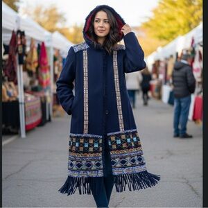 BOHO Navy Hooded Coat – Multi-Color Embroidery & Rabbit Fur Trim & Fringe Hem